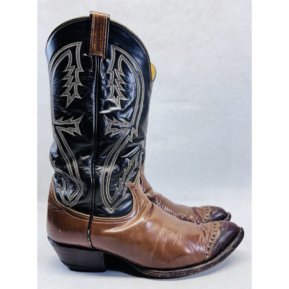 Tony Lama Two Tone Cowboy Boots 8.5D Brown Black Lizard Toe Vintage As Is - Picture 4 of 14
